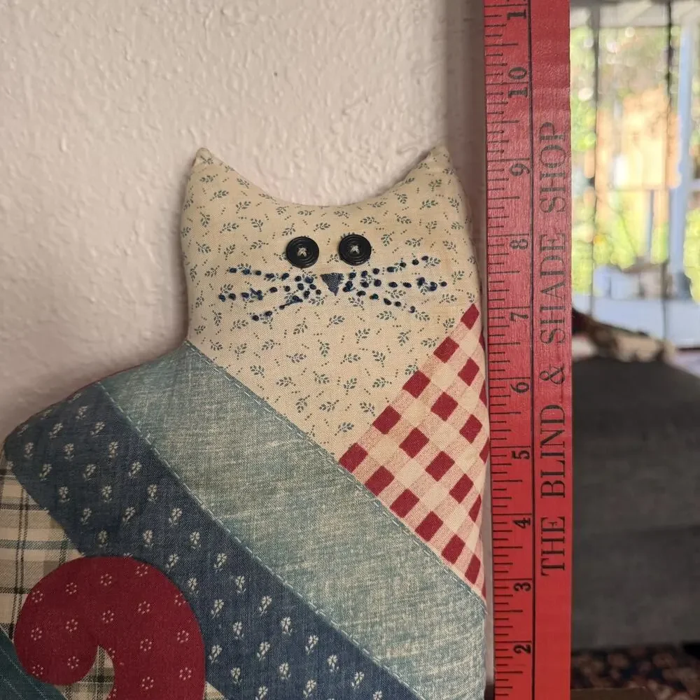 Vintage Country Primitive Patchwork Fabric Cat Pillow Button Eyes Doorstop 9in